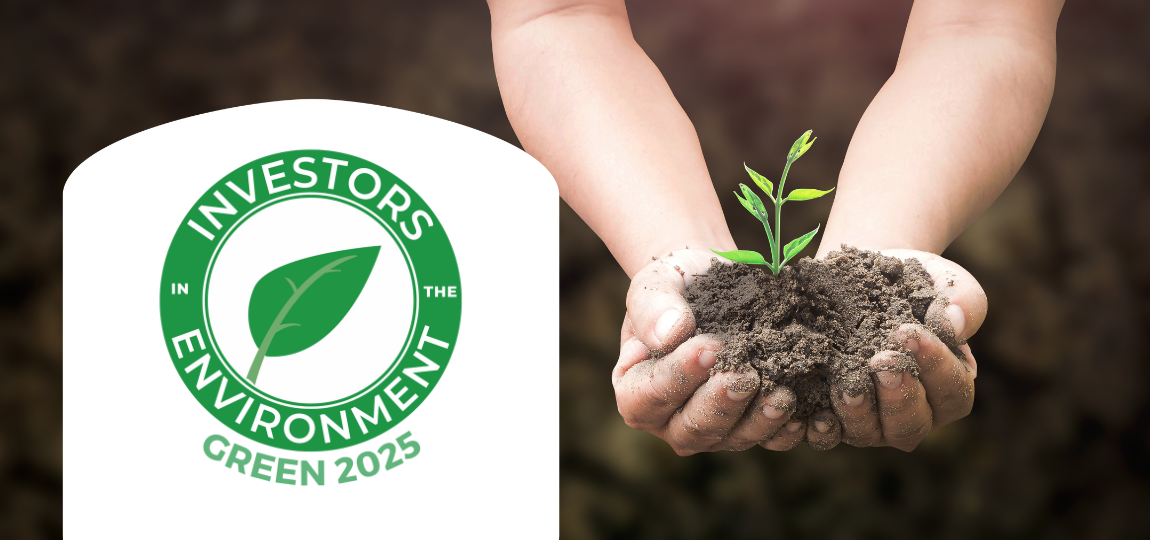 investors in the environment logo on the backdrop of hands holding dirt and a sprouting plant